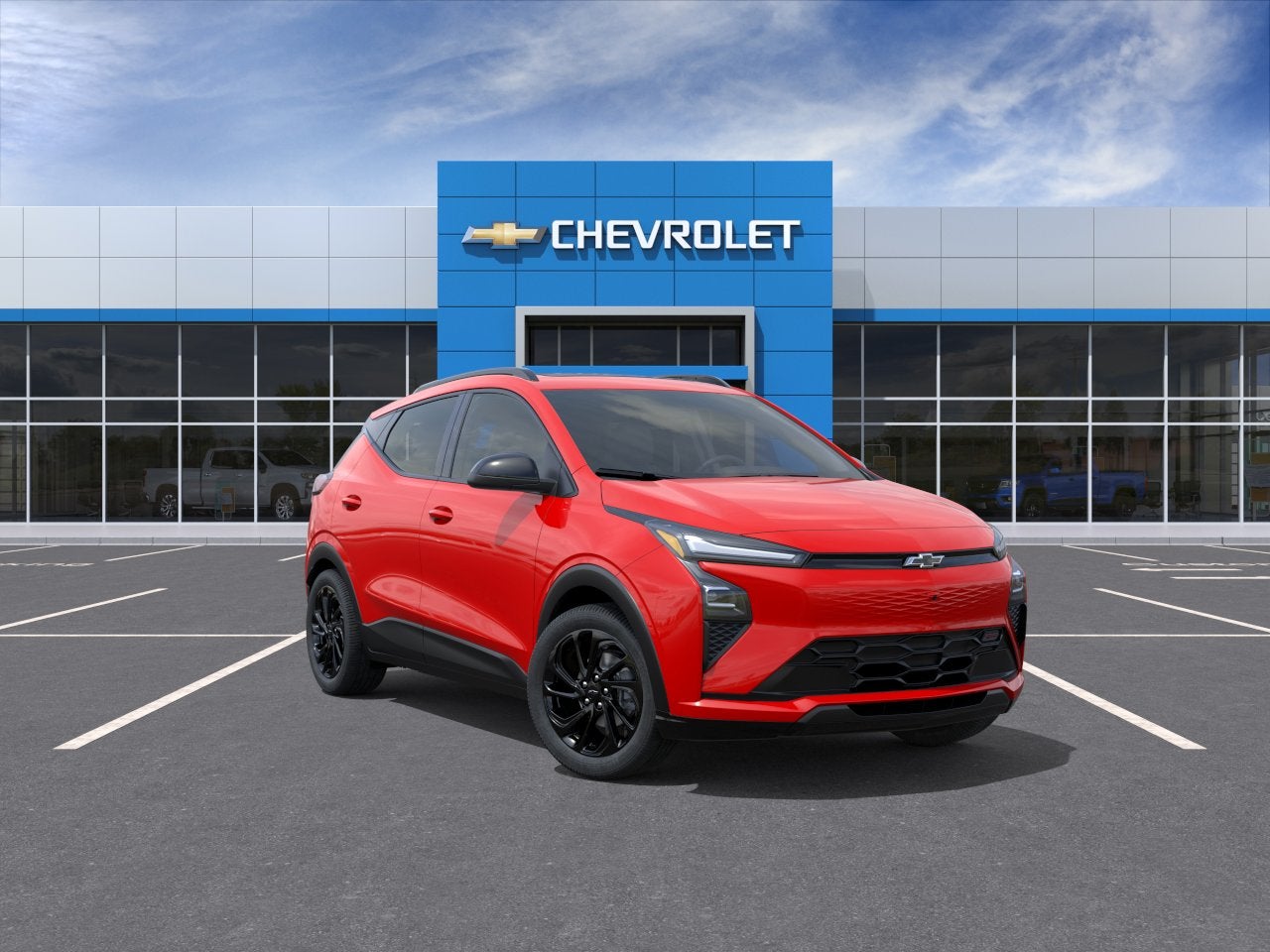 2027 Chevrolet Bolt RS in Habanero Orange — front three-quarter view